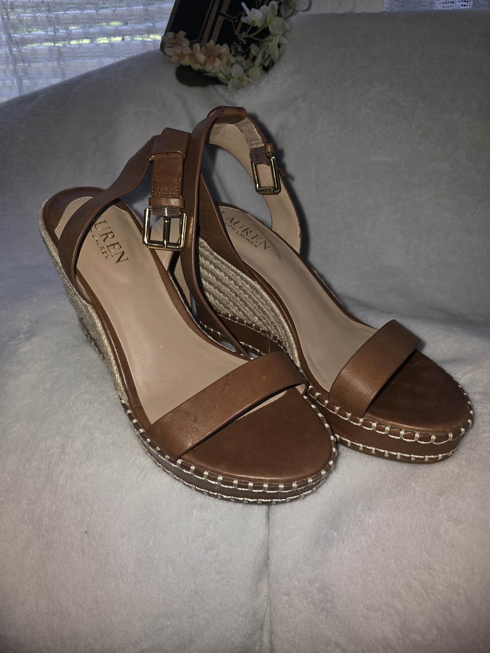 Lauren Ralph Lauren Brown Leather Espadrille Wedge Sandals